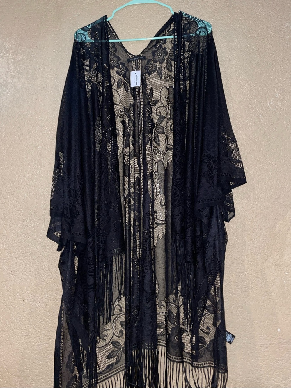 Tilly's Black Lace Floral Kimono with Fringe